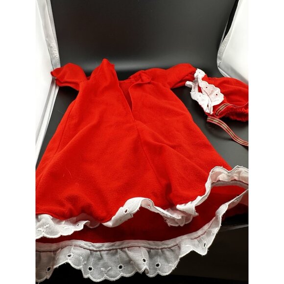 Vtg Red Baby Doll Dress Gown Bonnet White Eyelet Trim Plaid Bow And Ribbon 1980s - Picture 6 of 9